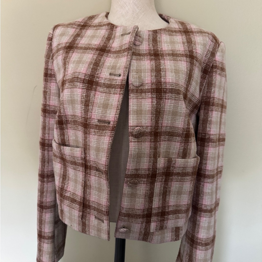 Altar'd State Pink and Brown Plaid Collarless Blazer
